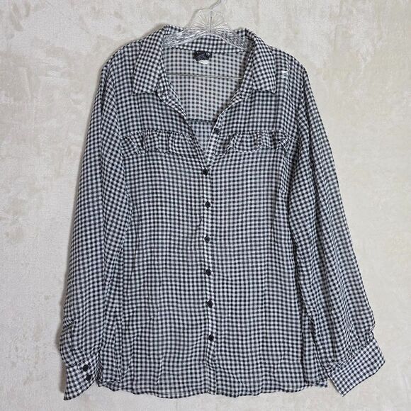Torrid Tops - Torrid Plaid Black/White Button Up Ruffle Sheer Top Shirt Size 2 Long Sleeve